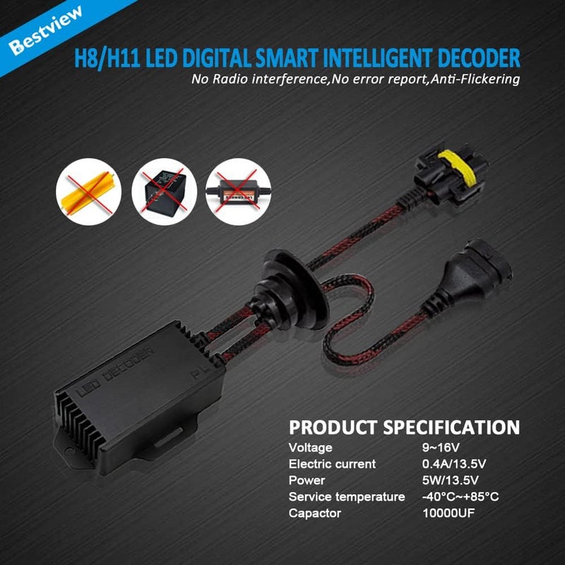 Best View H8 H9 H11 LED Light Canbus Decoder Anti Flicker Harness, Resistor Decoders Error Free, LED Warning Canceller Resistor Adapter, Pack of 2 - Image 2